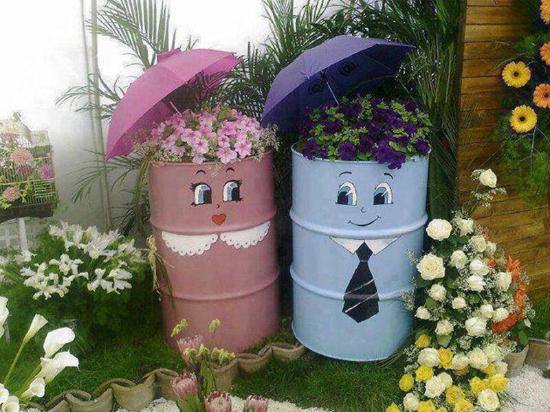Painted Barrels with Flowers — Pink