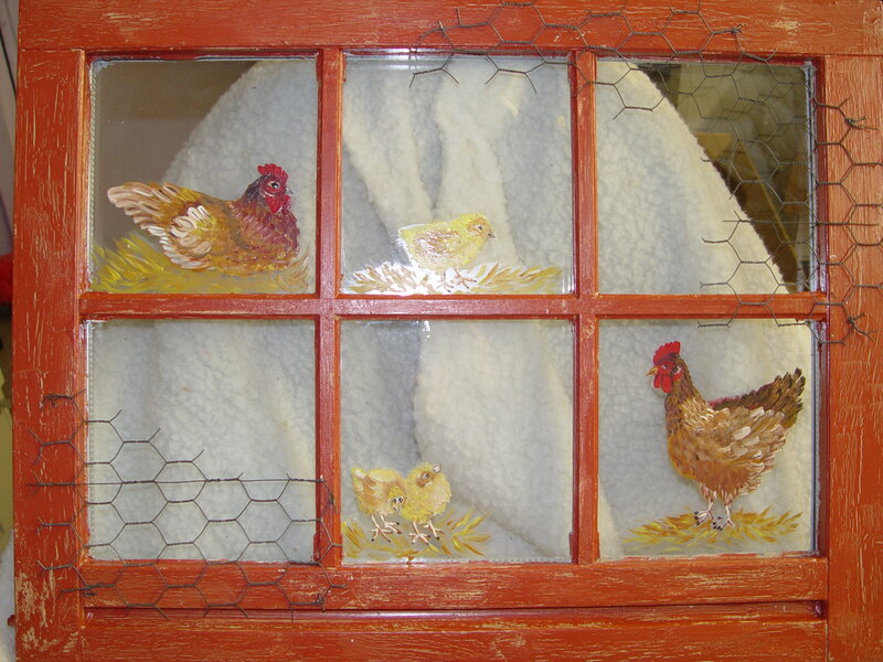 Painted chickens on a window