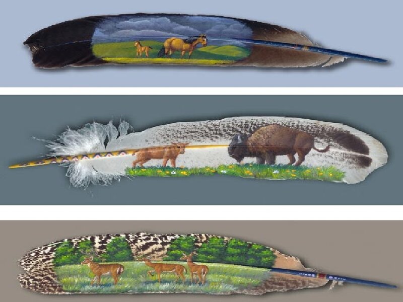 Painted feathers with animal scenes
