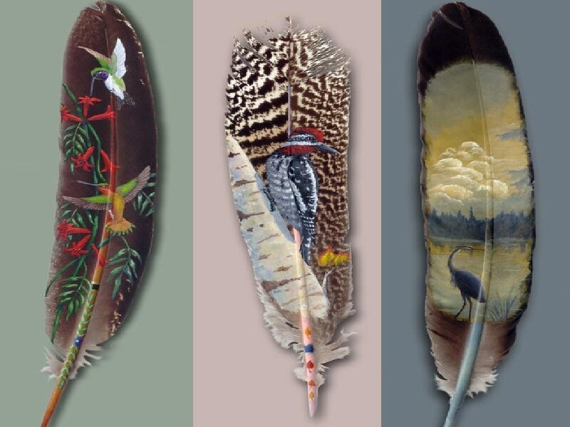 Painted feathers with bird art