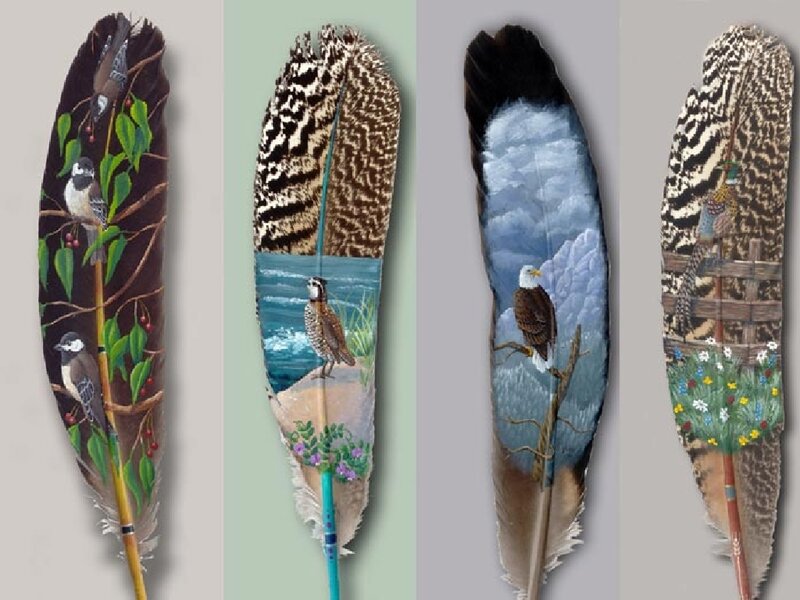 Painted feathers with bird scenes