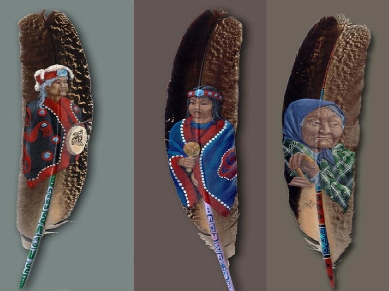 Painted feathers with indigenous figures
