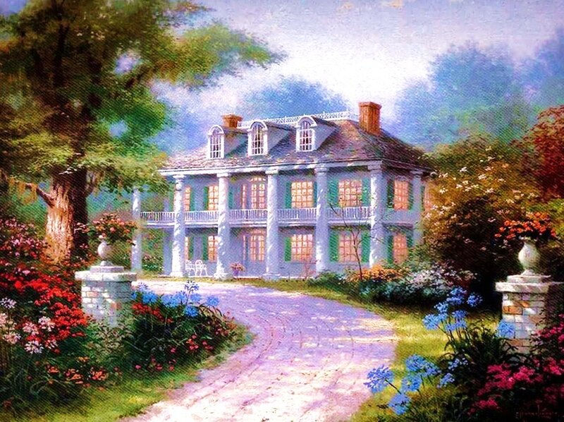 Painted mansion with garden