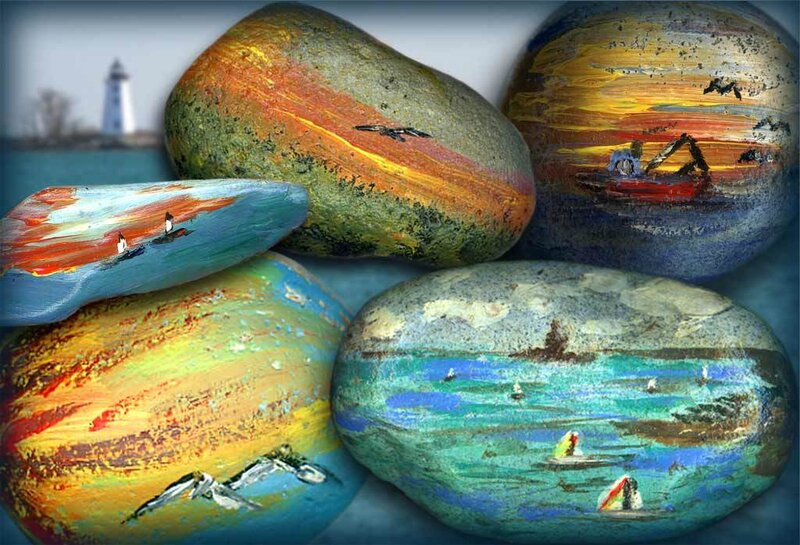 Painted rocks with coastal scenes