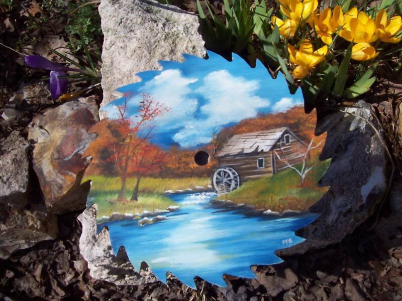 Painted saw blade with mill scene