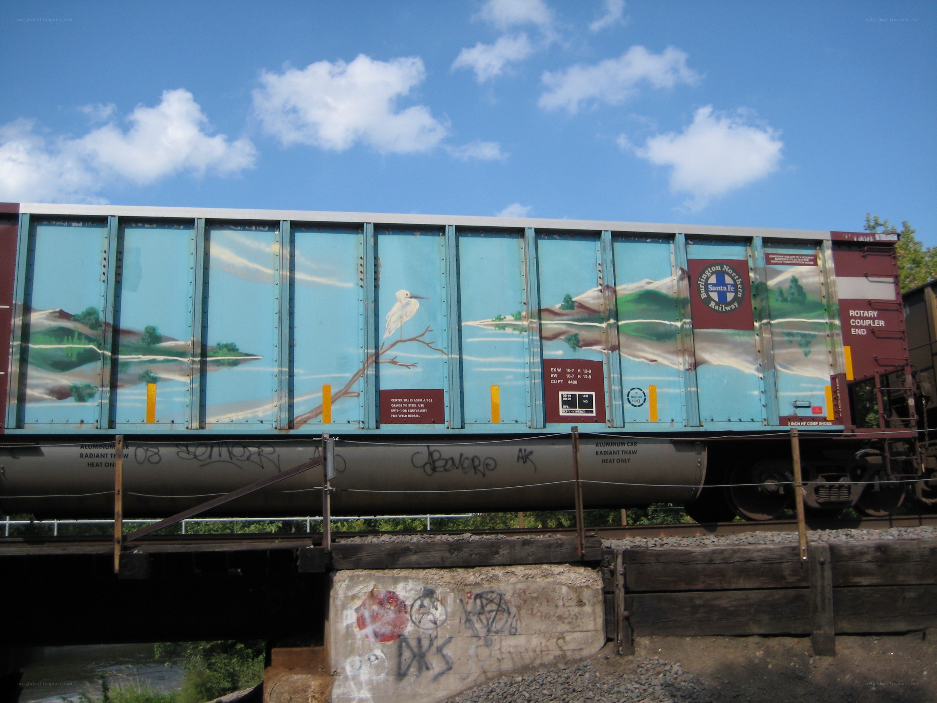 Painted train car on a bridge