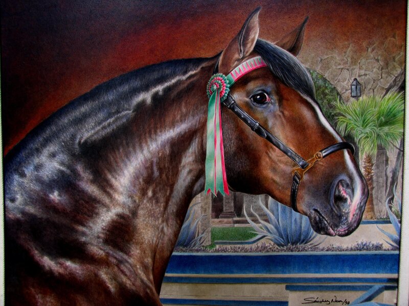 Painting of a horse with ribbon