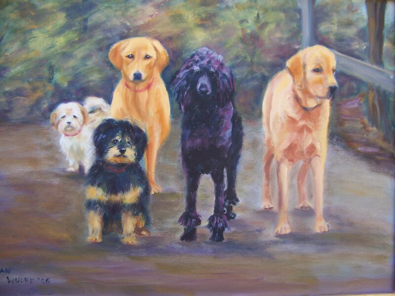 Painting of five dogs on a path