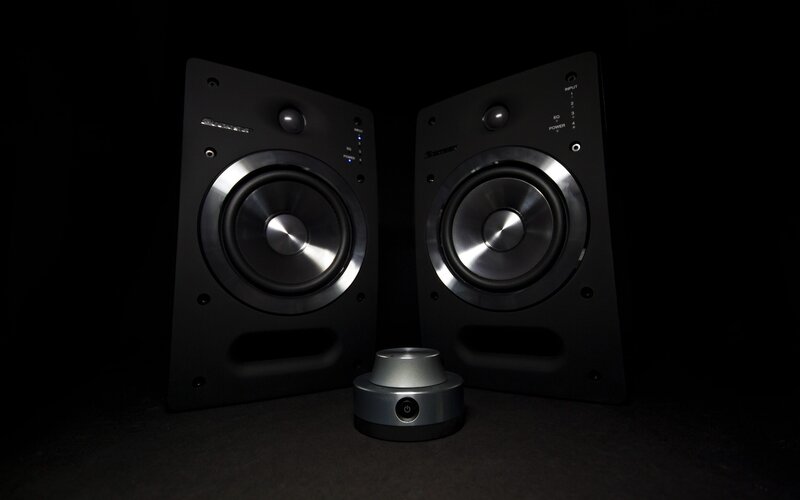 pair of black speakers with subwoofer