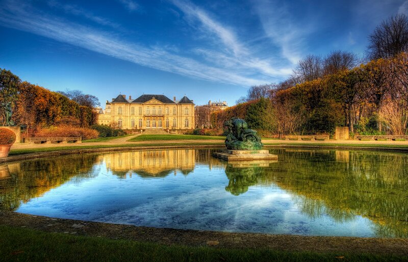 Palace and fountain in a park