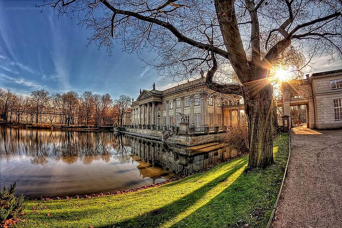 Palace by the lake at sunset