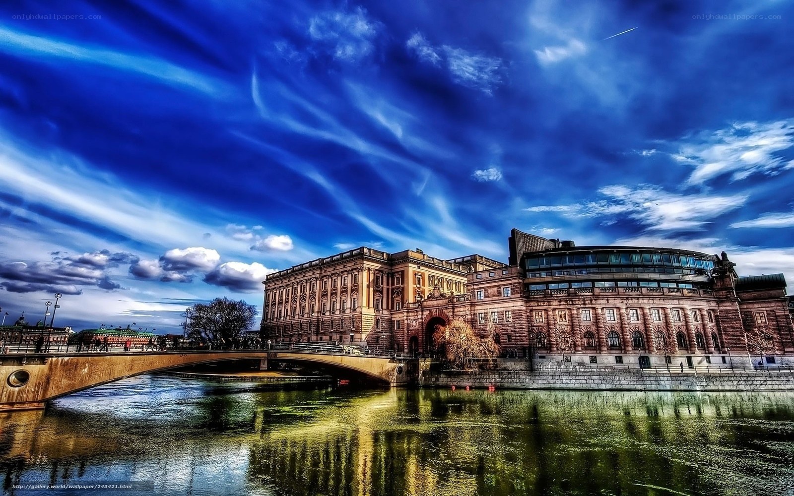 Palace by the river at sunset