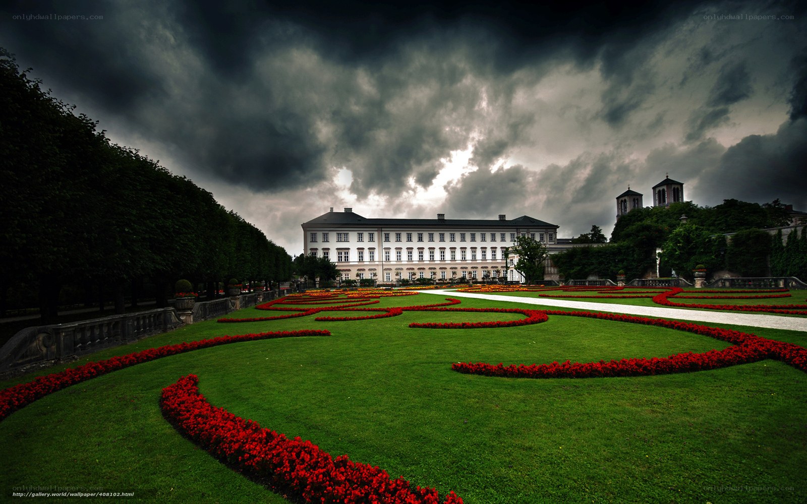 Palace garden under stormy sky