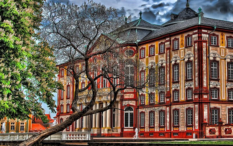 palace with blooming tree