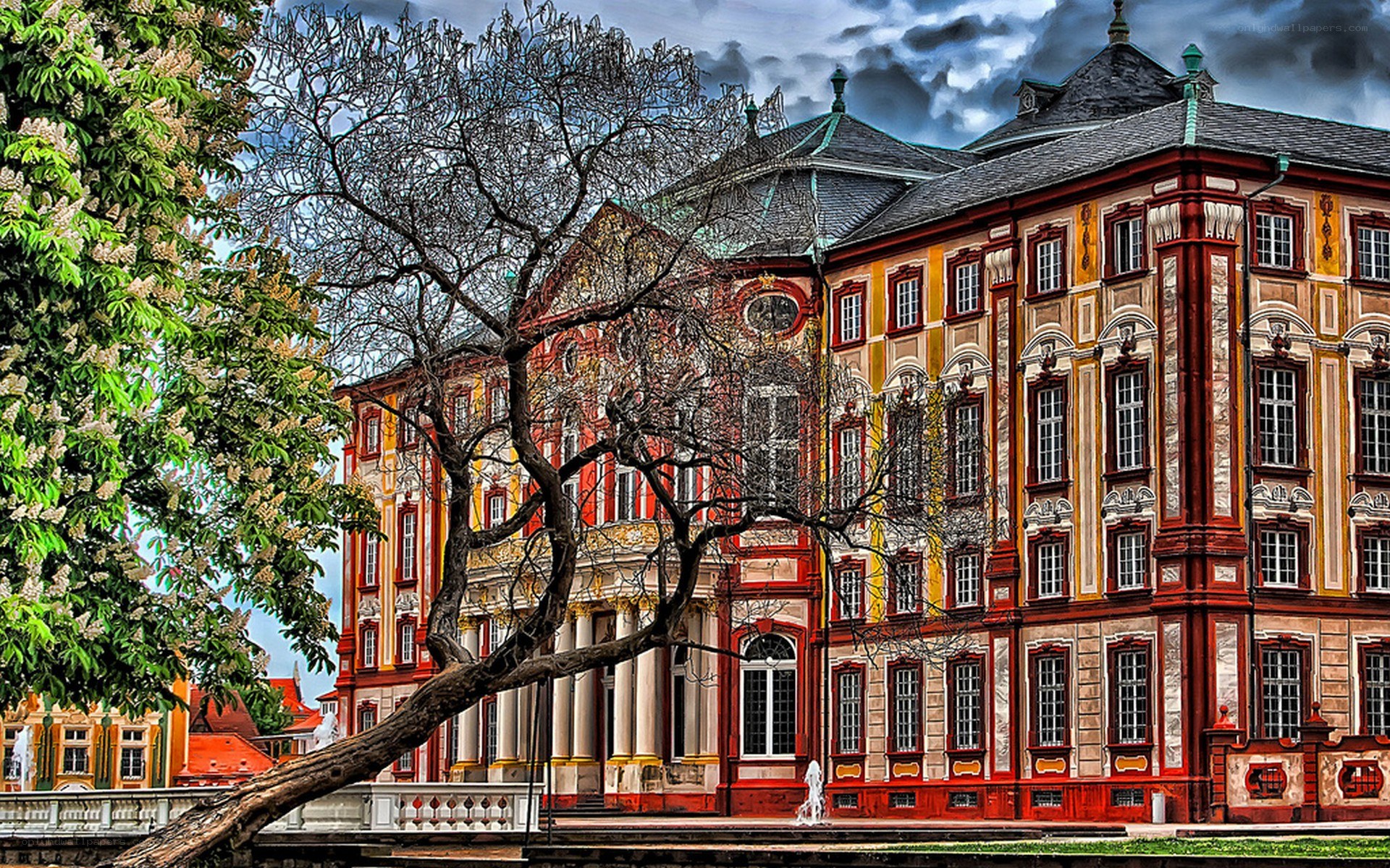 palace with blooming tree