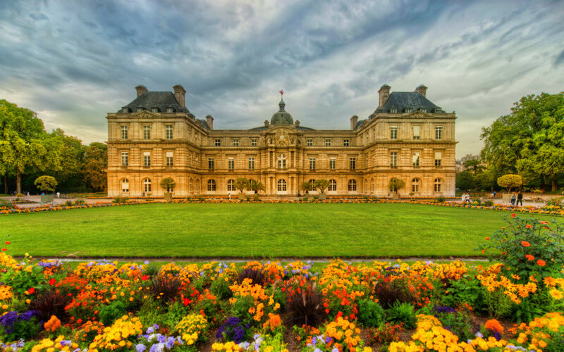 Palace with Flower Garden — Green, Dramatic, Afternoon, Photograph