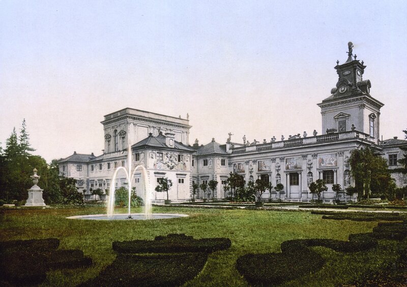 Palace with fountain in garden