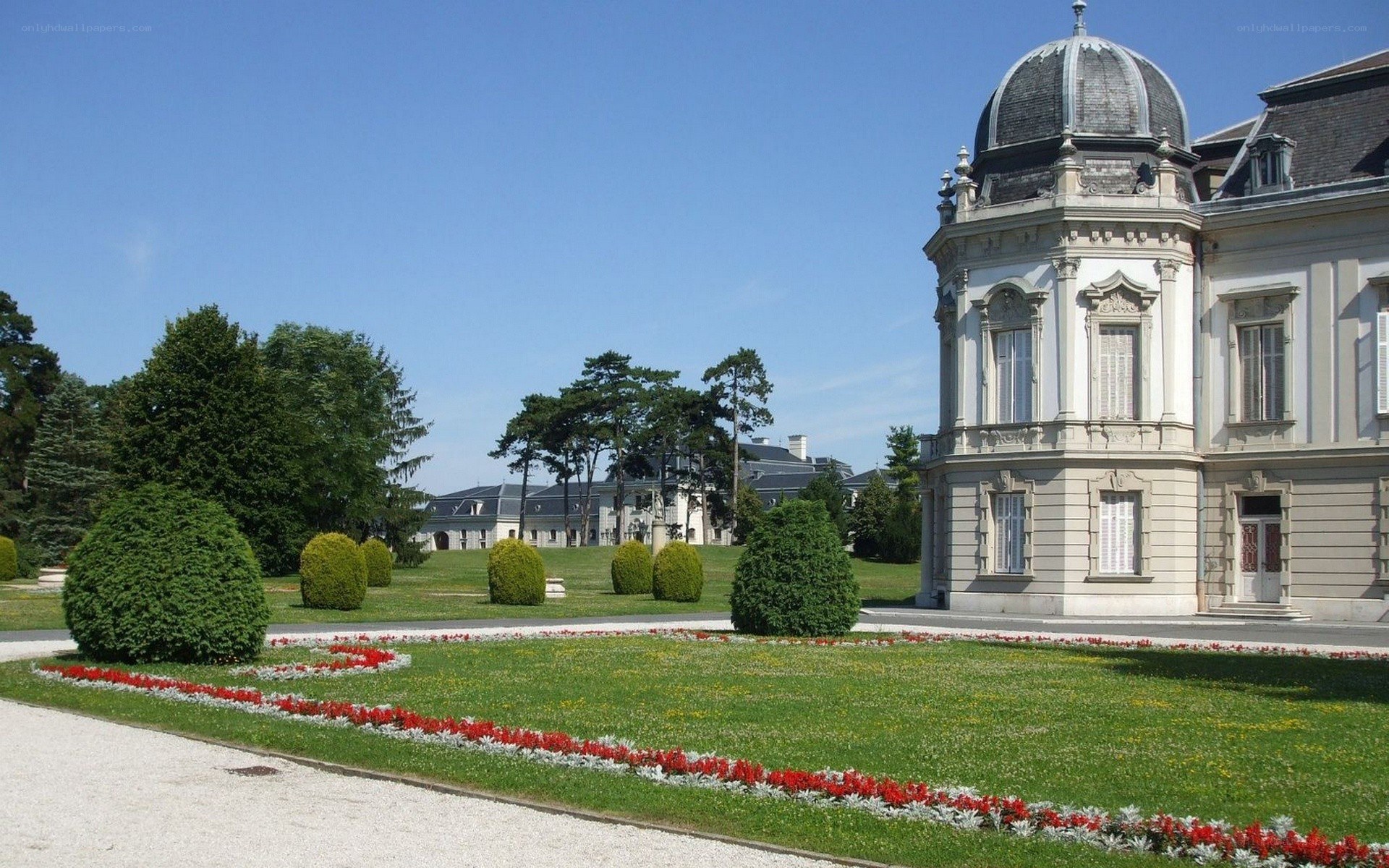 Palace with manicured gardens