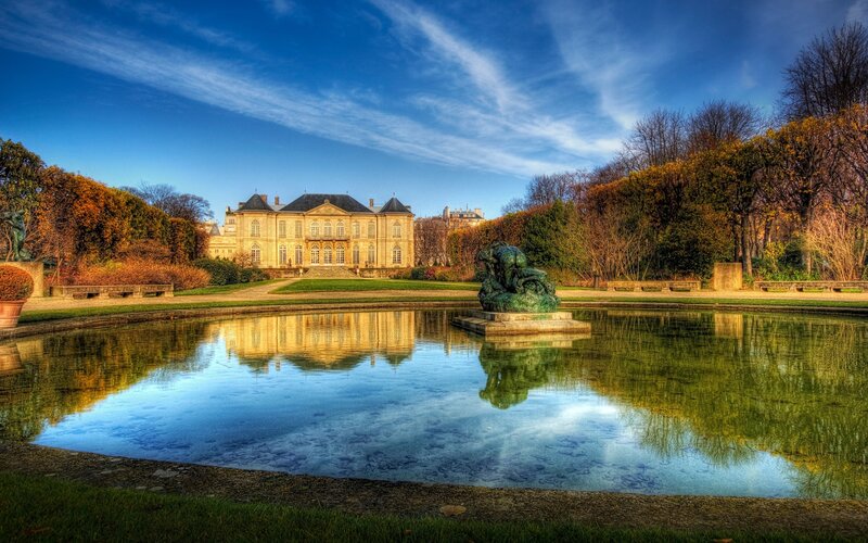 Palace with Pond and Statue — Blue, Serene, Autumn, Photograph