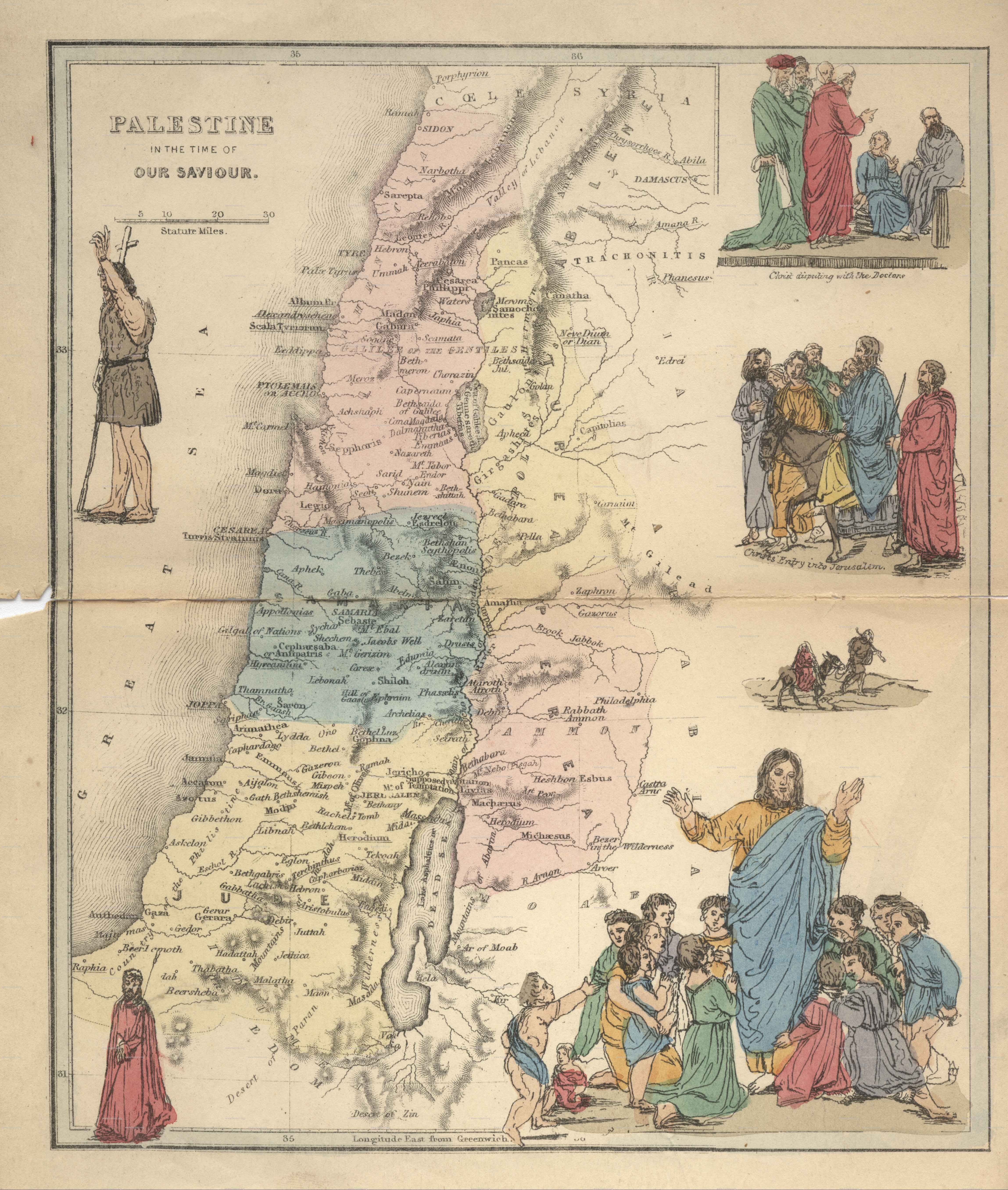 Palestine map with biblical scenes