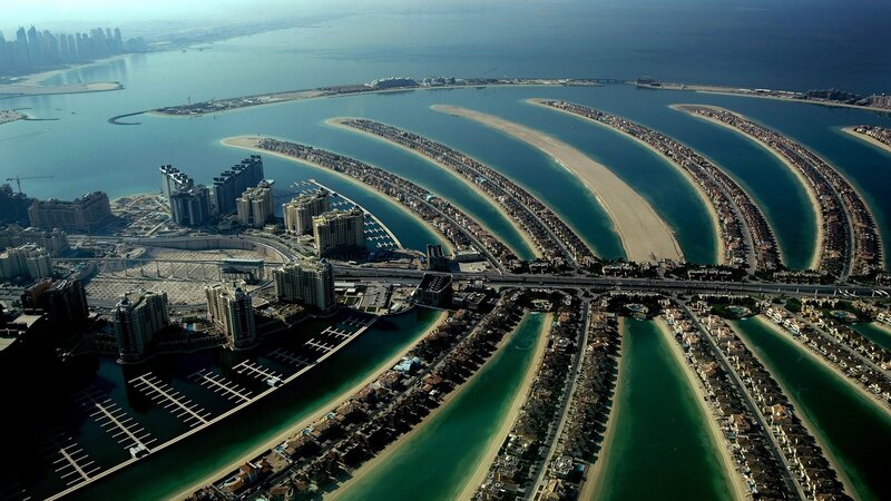 Palm Jumeirah Island — Blue, Serene, Afternoon, Photograph, Skyscrapers, Marina, Sand, Water