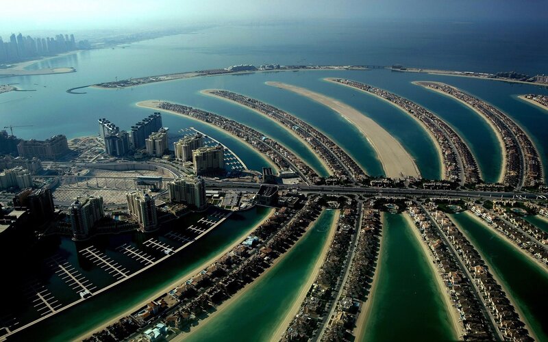 Palm Jumeirah Island — Blue, Serene, Afternoon, Photograph, Skyscrapers