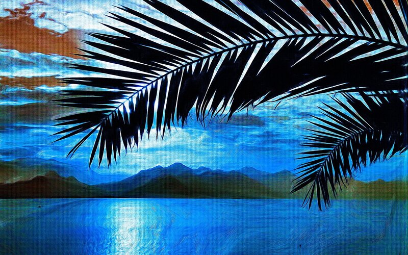Palm leaves over a blue lake