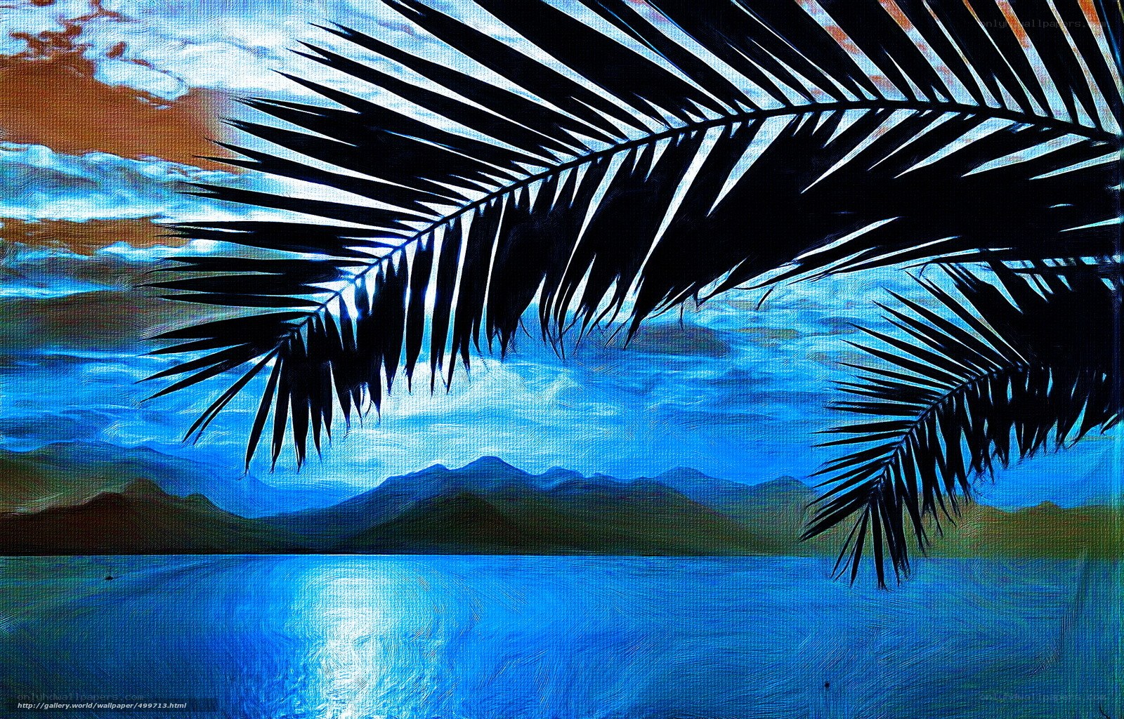 palm leaves over blue water