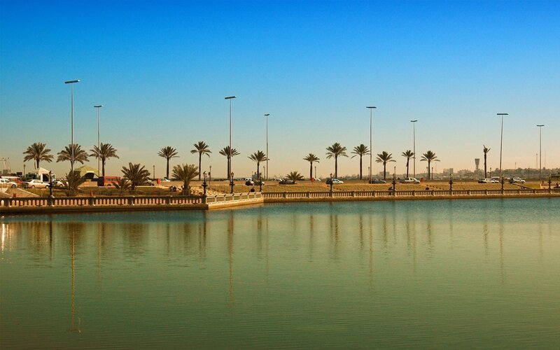 Palm-lined waterfront promenade