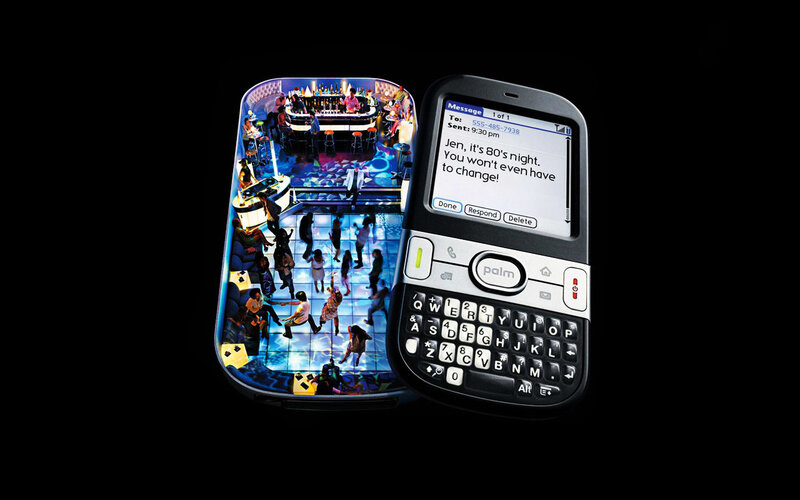 Palm phone with message and party scene