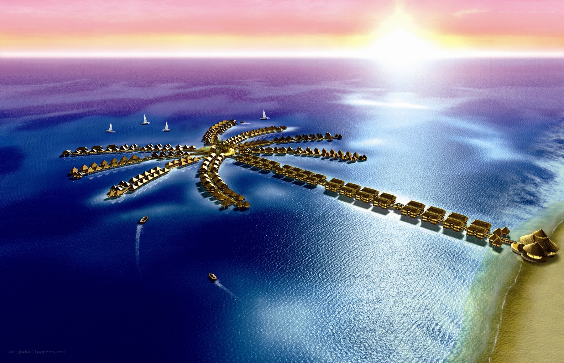 Palm-shaped resort at sunset