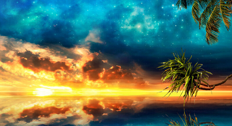 Palm Tree at Sunset — Blue, Dramatic, Digital Art