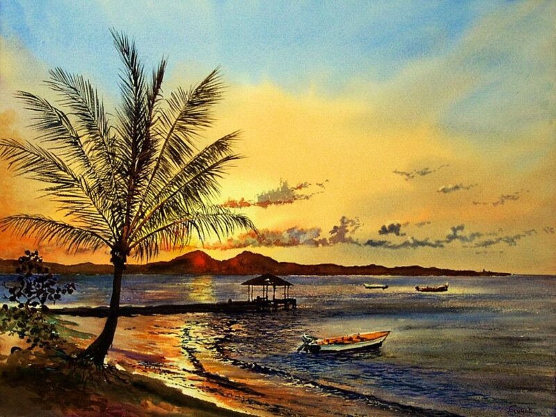 Palm Tree at Sunset — Blue, Serene, Painting