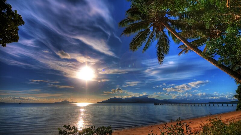 Palm Tree at Sunset — Blue, Serene, Photograph, Ocean, Mountains, Dock