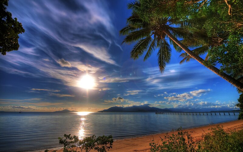 Palm Tree at Sunset — Blue, Serene, Photograph, Sun, Ocean, Mountains