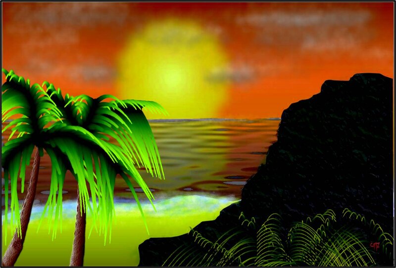 Palm Tree at Sunset — Green, Serene