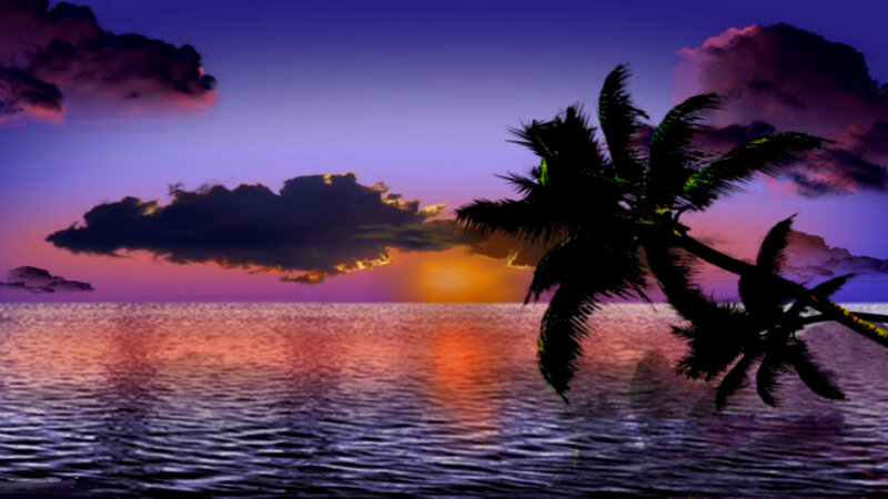 Palm Tree at Sunset — Purple, Serene, Digital Art, Ocean