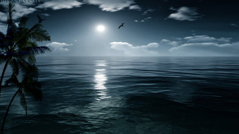 Palm Tree by Ocean — Blue, Serene, Night