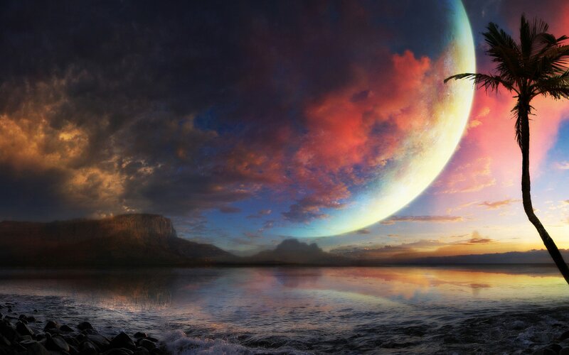 Palm Tree on Beach — Blue, Dramatic, Sunset, Digital Art, Planet