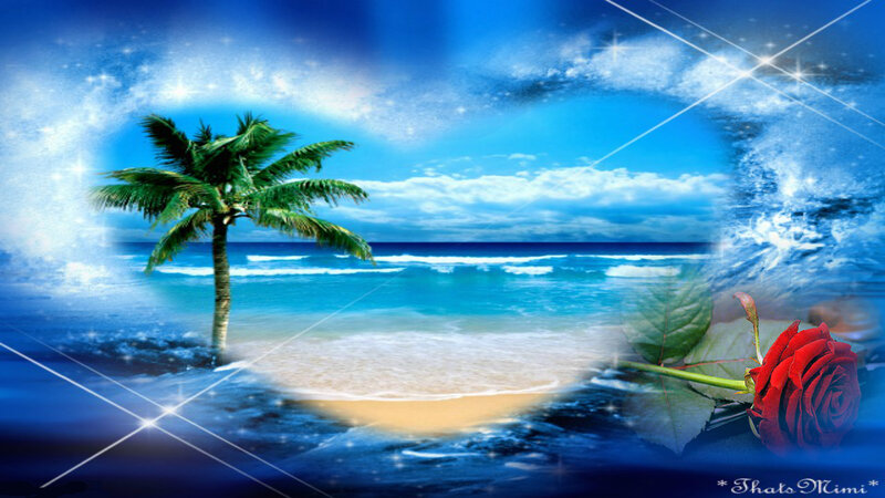 Palm Tree on Beach — Blue, Serene, Afternoon, Digital Art, Rose
