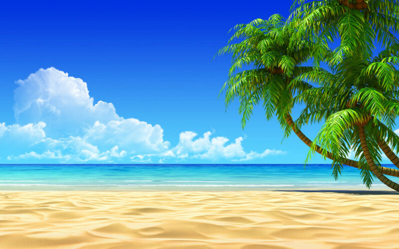 Palm Tree on Beach — Blue, Serene, Afternoon, Digital Art, Sand, Ocean, Clouds