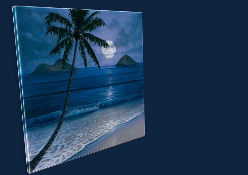 Palm Tree on Beach — Blue, Serene, Night, Painting