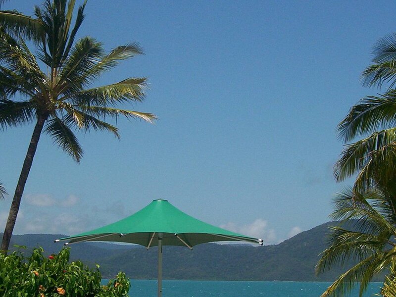Palm trees and green umbrella by the sea