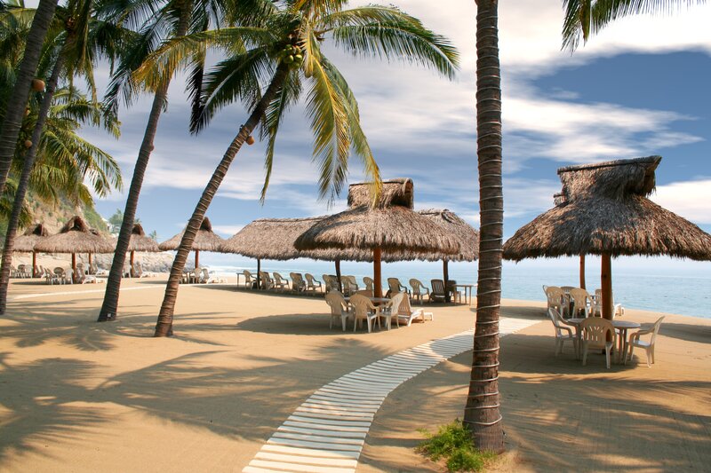 Palm trees and thatched umbrellas on a beach