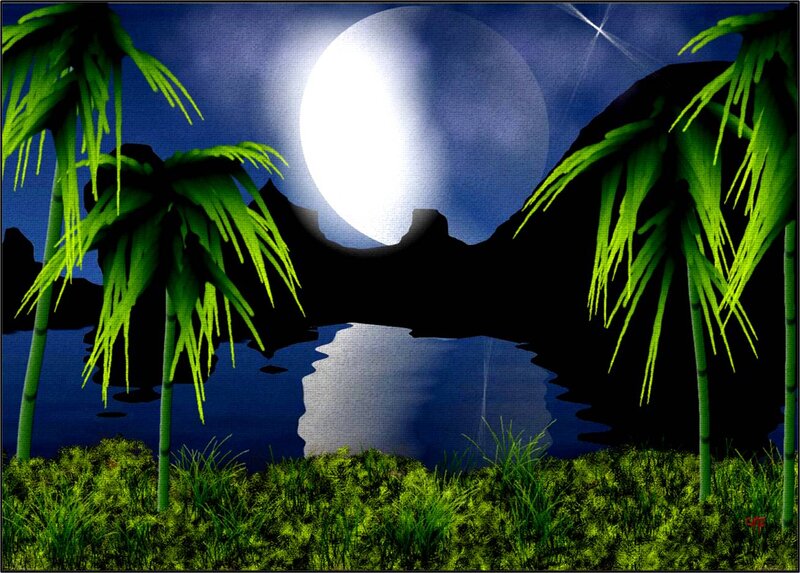 Palm Trees at Night — Green, Serene, Digital Art