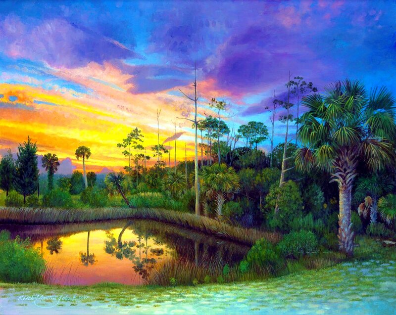 Palm Trees at Sunset — Blue, Dramatic, Painting, Pond