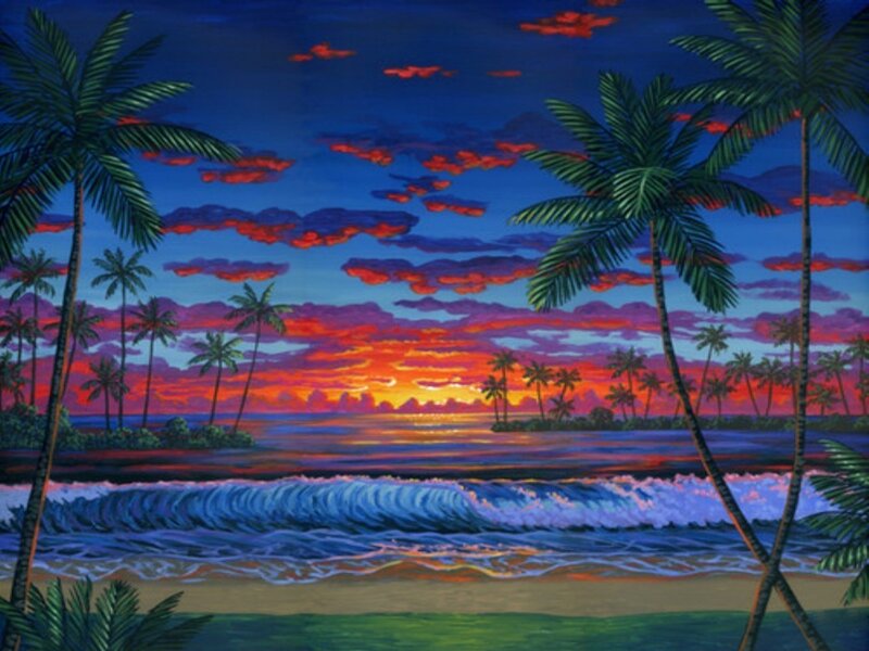 Palm Trees at Sunset — Blue, Dramatic, Painting