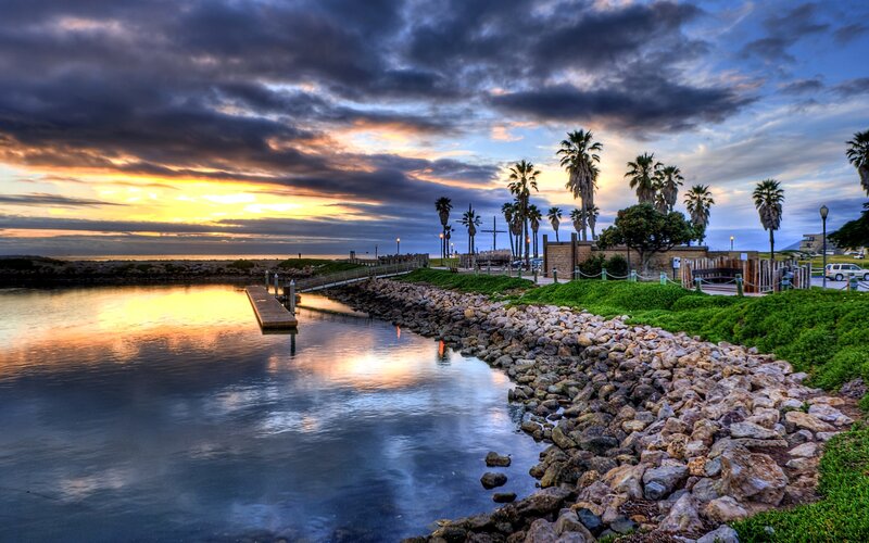 Palm Trees at Sunset — Blue, Dramatic, Photograph