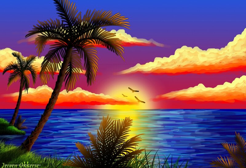 Palm Trees at Sunset — Blue, Serene, Digital Art, Ocean, Birds, Clouds