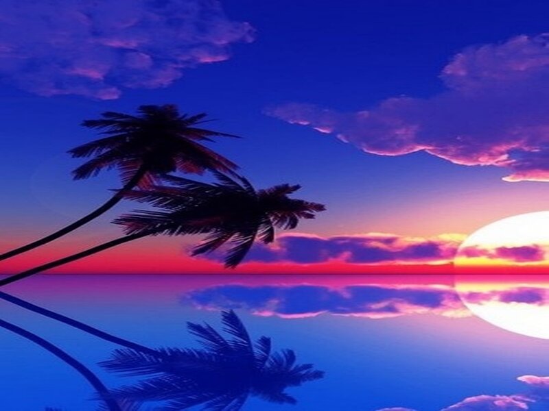 Palm Trees at Sunset — Blue, Serene, Digital Art, Ocean, Sky